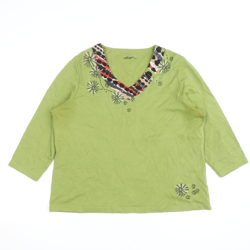 Dash Womens Green 3/4 Sleeve Embroidered V-Neck Cotton T-Shirt Size 12
