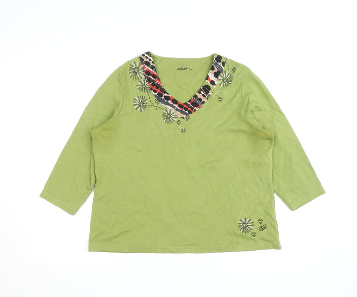Dash Womens Green 3/4 Sleeve Embroidered V-Neck Cotton T-Shirt Size 12