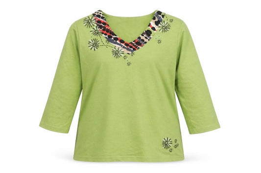 Front view of Dash women’s green 3/4 sleeve embroidered v-neck cotton t-shirt, size UK 12