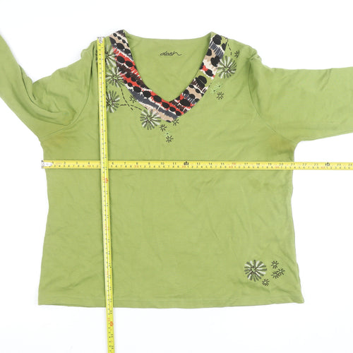 Dash Womens Green 3/4 Sleeve Embroidered V-Neck Cotton T-Shirt Size 12