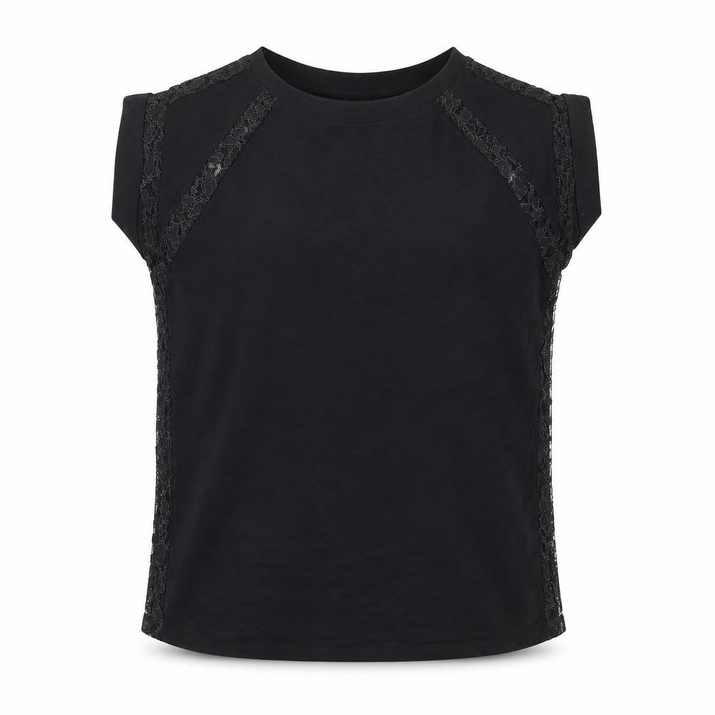 Front view of Forever 21 women’s black lace trim sleeveless blouse, size L