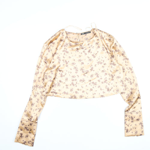 Zara Women Beige Floral Satin Cropped Blouse Size 12 Long Sleeve