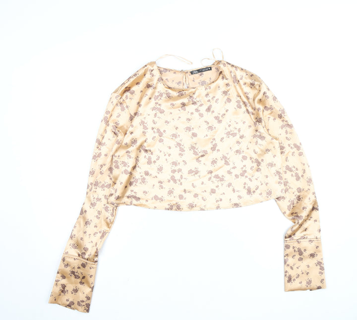 Zara Women Beige Floral Satin Cropped Blouse Size 12 Long Sleeve