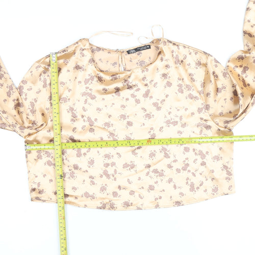 Zara Women Beige Floral Satin Cropped Blouse Size 12 Long Sleeve