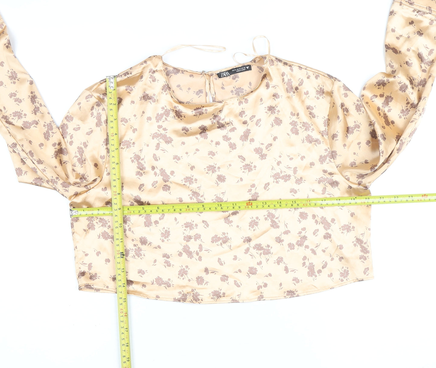 Zara Women Beige Floral Satin Cropped Blouse Size 12 Long Sleeve