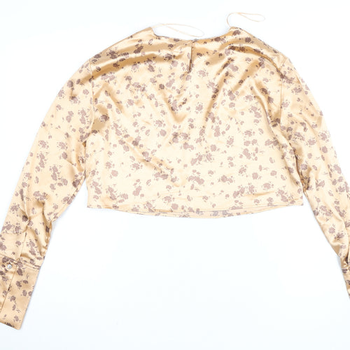 Zara Women Beige Floral Satin Cropped Blouse Size 12 Long Sleeve