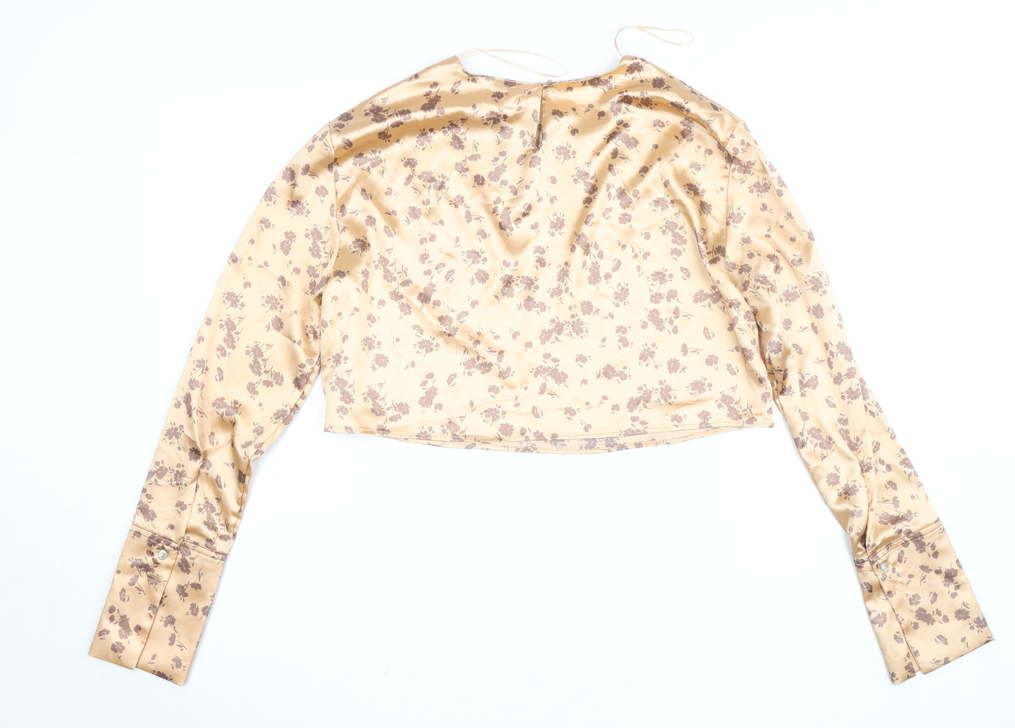 Zara Women Beige Floral Satin Cropped Blouse Size 12 Long Sleeve