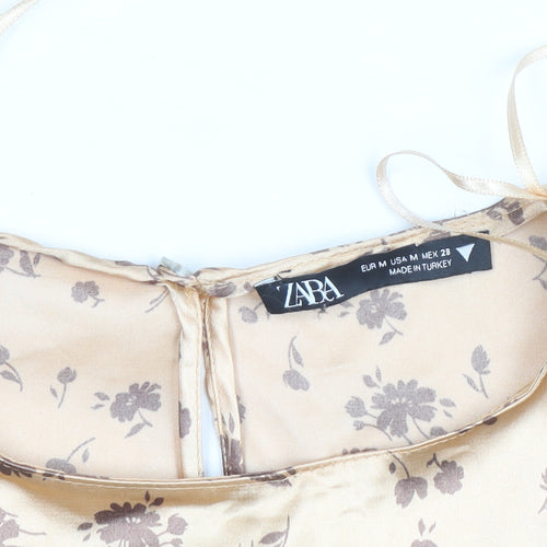 Zara Women Beige Floral Satin Cropped Blouse Size 12 Long Sleeve