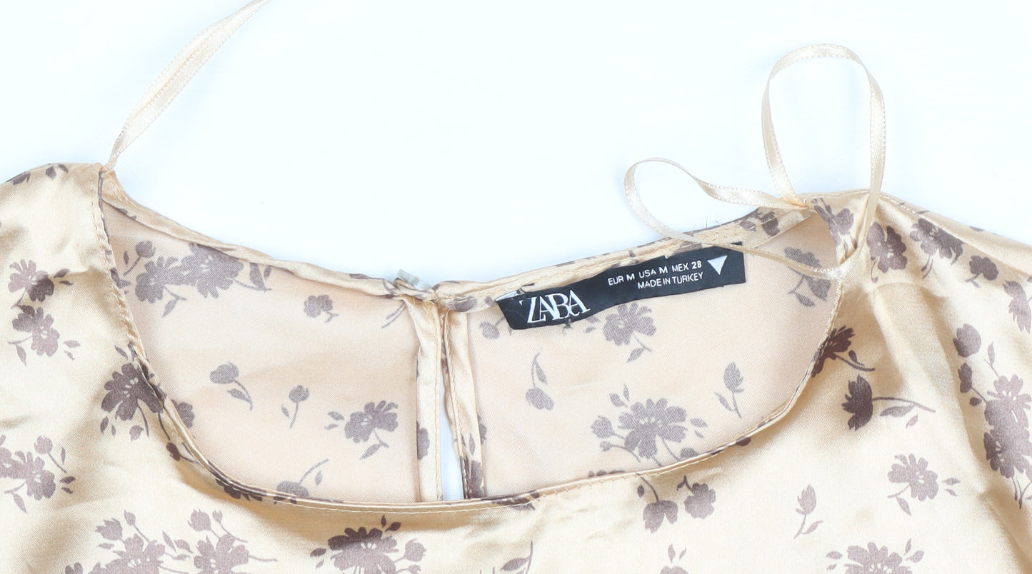 Zara Women Beige Floral Satin Cropped Blouse Size 12 Long Sleeve