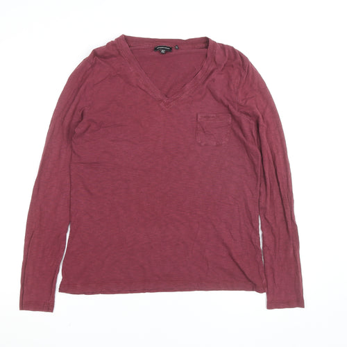 Superdry Womens Red Long Sleeve V-Neck Cotton T-Shirt Size 10