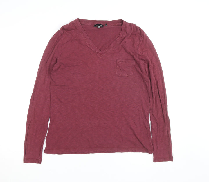 Superdry Womens Red Long Sleeve V-Neck Cotton T-Shirt Size 10