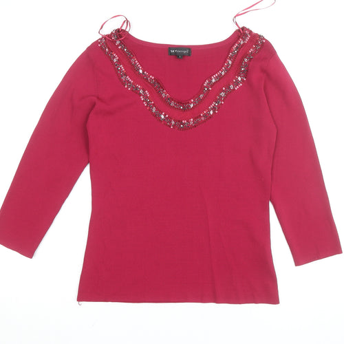SKYdesigns Women Red Beaded Knit Top Size S 3/4 Sleeve