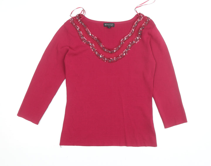 SKYdesigns Women Red Beaded Knit Top Size S 3/4 Sleeve