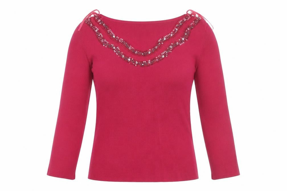 Front view of SKYdesigns Women Red Beaded Knit Top, size S, 3/4 Sleeve