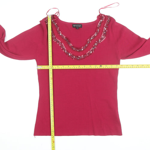 SKYdesigns Women Red Beaded Knit Top Size S 3/4 Sleeve