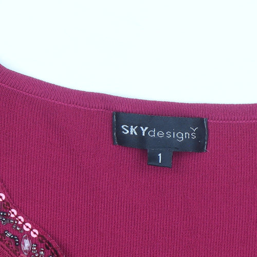 SKYdesigns Women Red Beaded Knit Top Size S 3/4 Sleeve