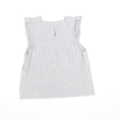 Oasis Women Grey Striped Ruffle Sleeve Cotton Blouse Size 16