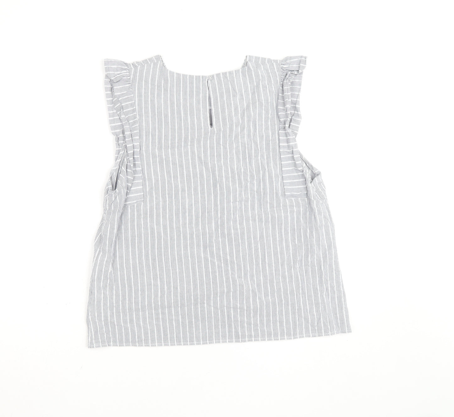 Oasis Women Grey Striped Ruffle Sleeve Cotton Blouse Size 16