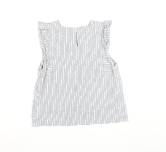 Oasis Women Grey Striped Ruffle Sleeve Cotton Blouse Size 16