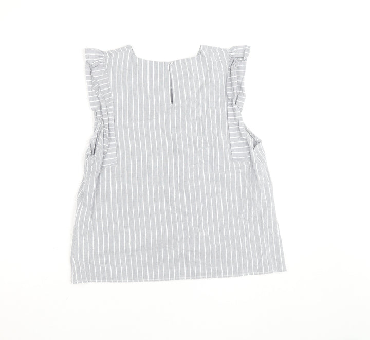 Oasis Women Grey Striped Ruffle Sleeve Cotton Blouse Size 16