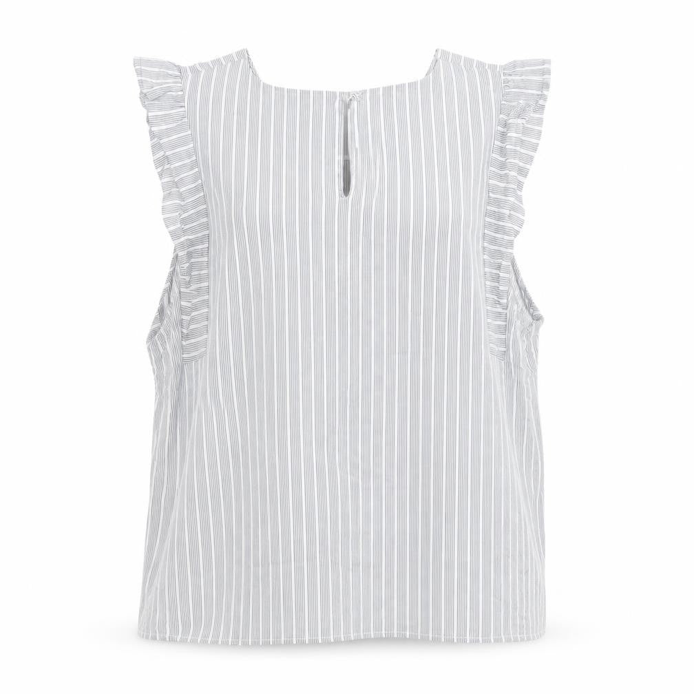 Front view of Oasis Women Grey Striped Ruffle Sleeve Cotton Blouse, size 16