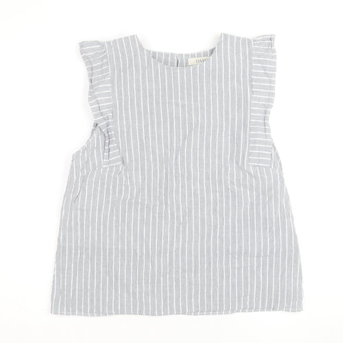 Oasis Women Grey Striped Ruffle Sleeve Cotton Blouse Size 16