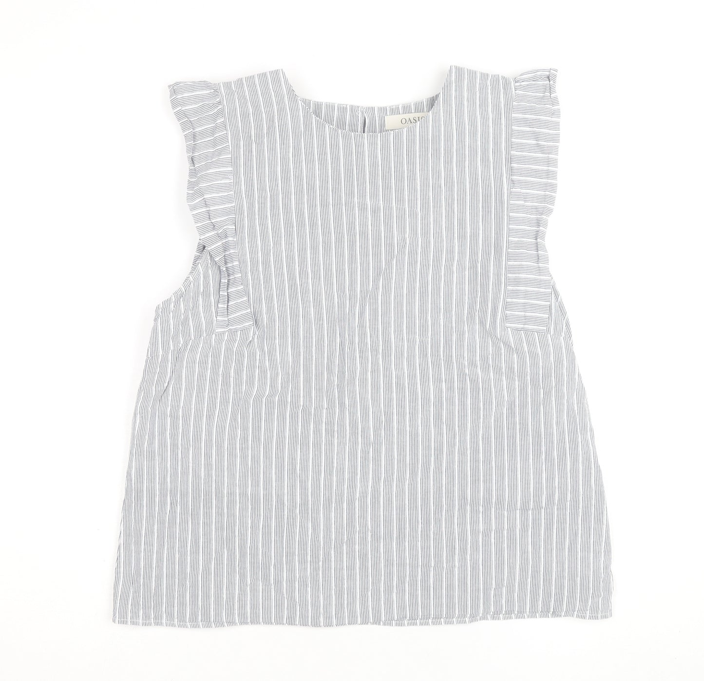 Oasis Women Grey Striped Ruffle Sleeve Cotton Blouse Size 16