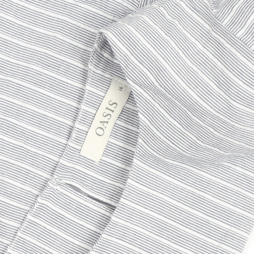 Oasis Women Grey Striped Ruffle Sleeve Cotton Blouse Size 16