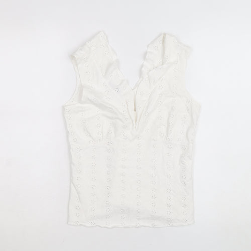 Marks and Spencer Per Una White Cotton Lace Ruffle V-Neck Sleeveless Blouse Size 12