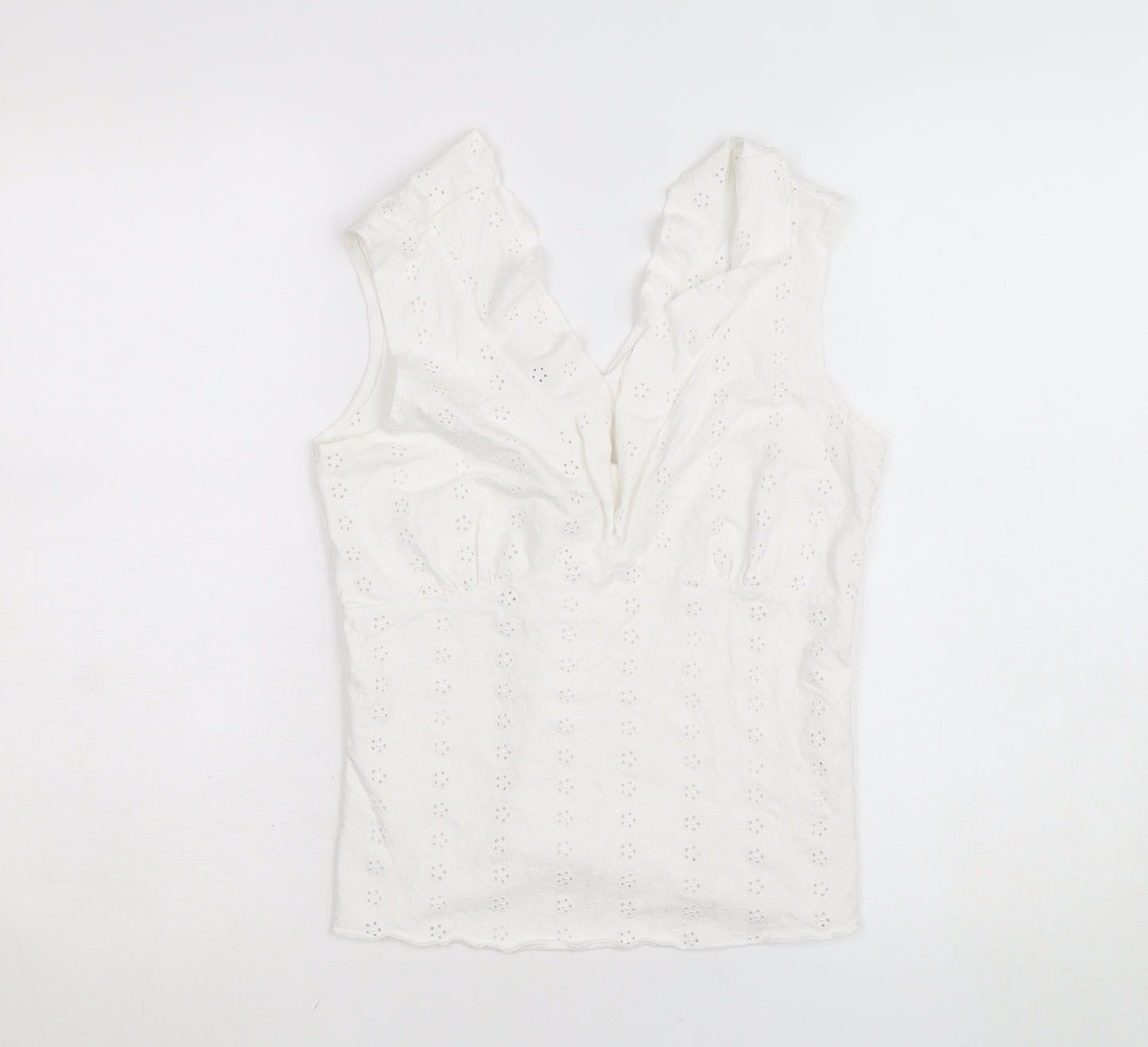 Marks and Spencer Per Una White Cotton Lace Ruffle V-Neck Sleeveless Blouse Size 12