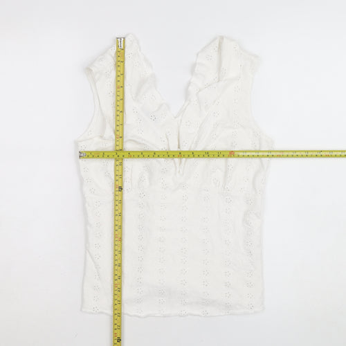 Marks and Spencer Per Una White Cotton Lace Ruffle V-Neck Sleeveless Blouse Size 12