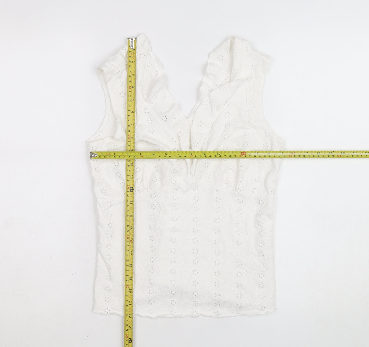 Marks and Spencer Per Una White Cotton Lace Ruffle V-Neck Sleeveless Blouse Size 12