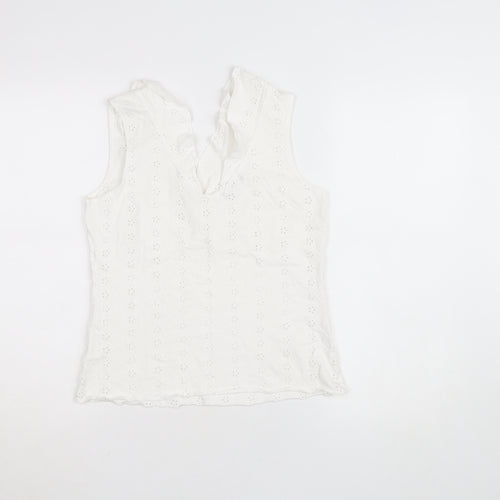 Marks and Spencer Per Una White Cotton Lace Ruffle V-Neck Sleeveless Blouse Size 12