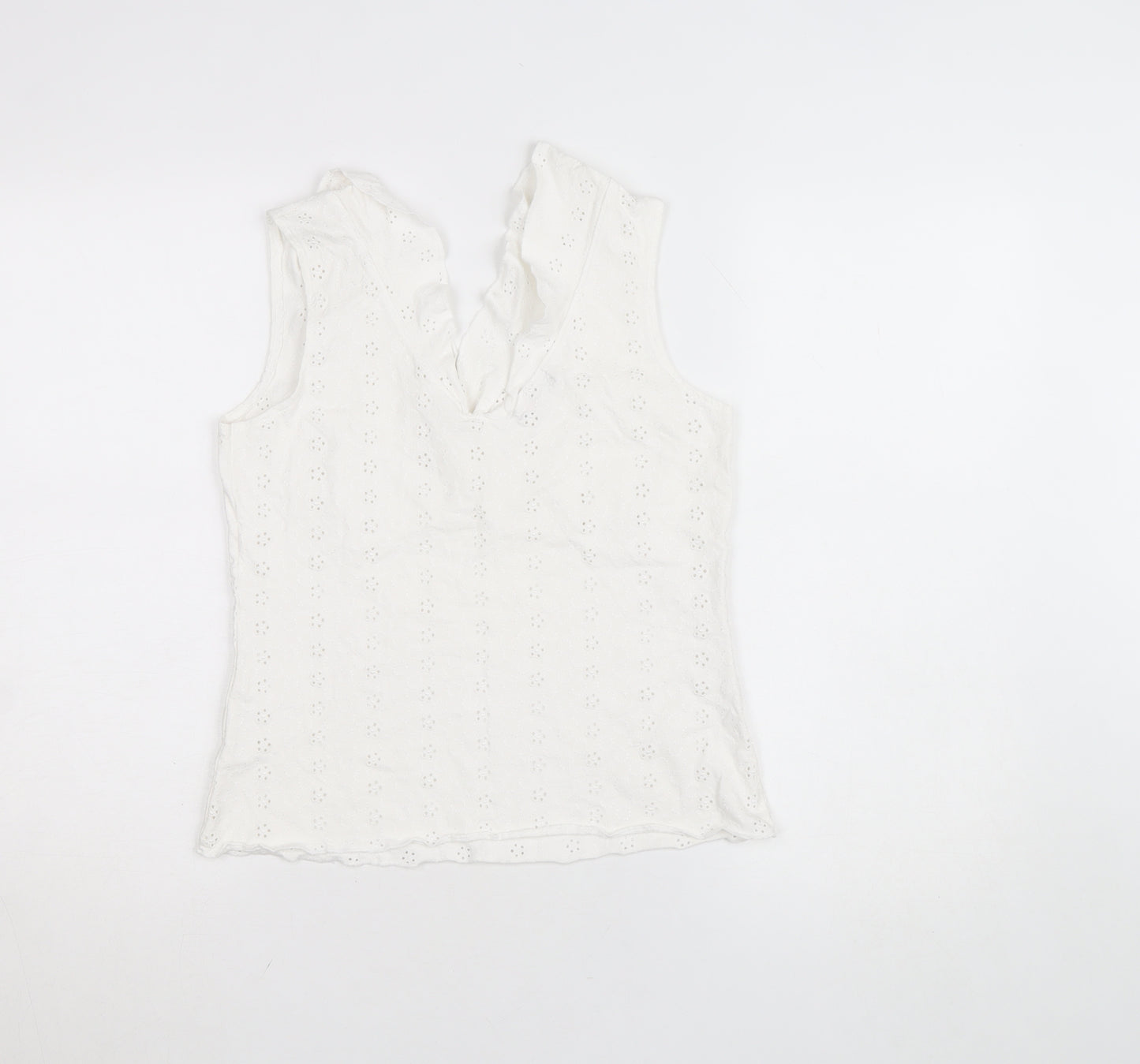Marks and Spencer Per Una White Cotton Lace Ruffle V-Neck Sleeveless Blouse Size 12