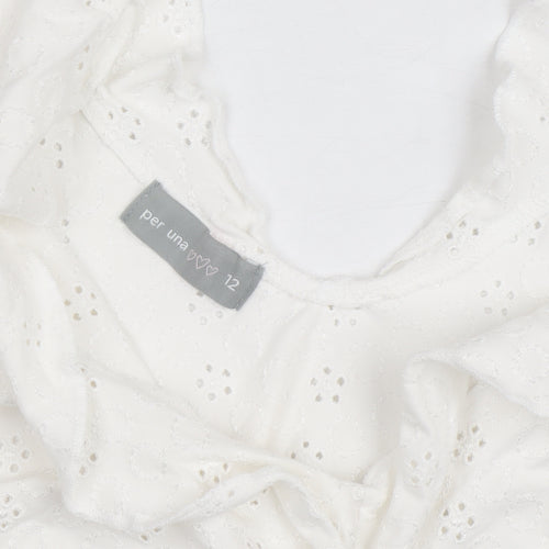 Marks and Spencer Per Una White Cotton Lace Ruffle V-Neck Sleeveless Blouse Size 12