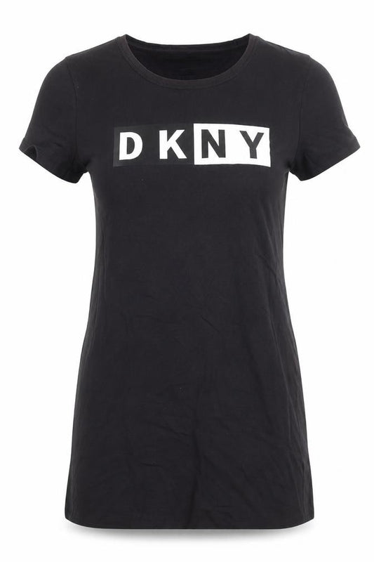 Front view of DKNY Women Black Large Short Sleeve Crew Neck Cotton T-Shirt