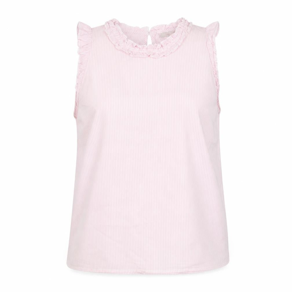 Front view of Oasis women’s pink striped sleeveless ruffle blouse, size UK 14
