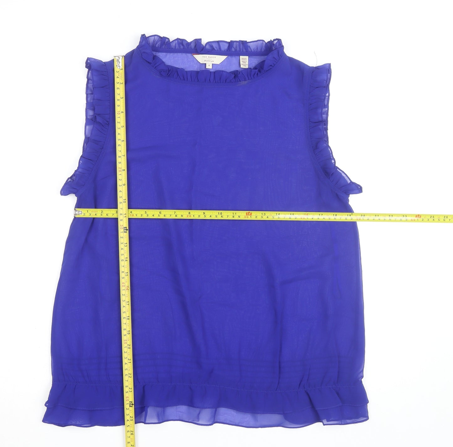 Ted Baker Women's Blue Ruffle Chiffon Sleeveless Blouse Size 14