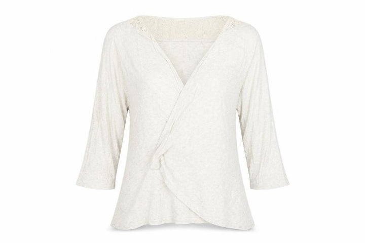 Monsoon Women’s Beige Wrap Blouse M 3/4 Sleeve Crochet Jersey Top