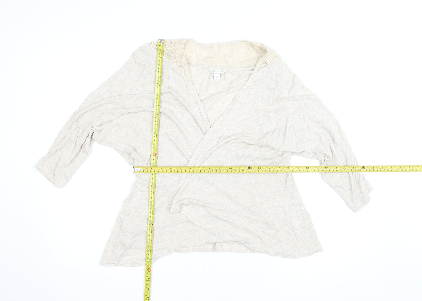 Monsoon Women’s Beige Wrap Blouse M 3/4 Sleeve Crochet Jersey Top