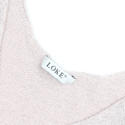 LOKE Women's Beige Knit Slip Dress S V-Neck Ruched Lightweight