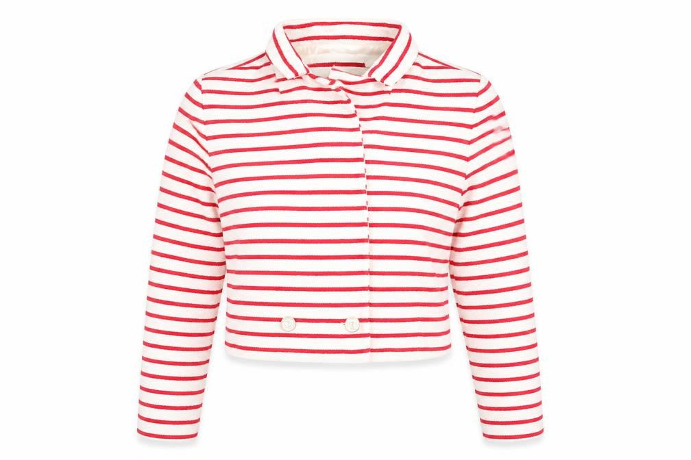 Front view of Zara Women’s White Red Striped Collared Cardigan, size UK 14