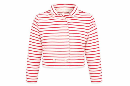 Front view of Zara Women’s White Red Striped Collared Cardigan, size UK 14
