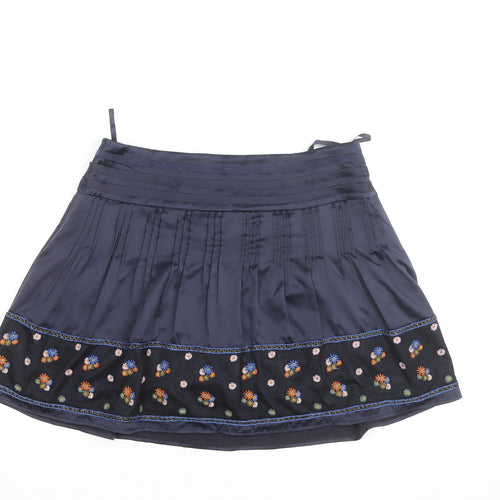 Monsoon Women Blue Floral Embroidered A-Line Short Skirt Size 14