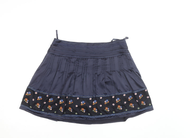 Monsoon Women Blue Floral Embroidered A-Line Short Skirt Size 14