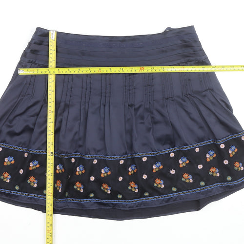 Monsoon Women Blue Floral Embroidered A-Line Short Skirt Size 14