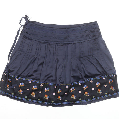 Monsoon Women Blue Floral Embroidered A-Line Short Skirt Size 14