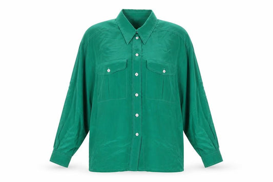 Front view of Tru Blouse women’s green viscose button-up shirt, size UK 14
