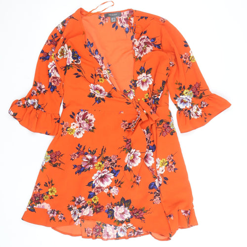 Primark Women Orange Floral Wrap Dress Size 12 V-Neck Ruffle Hem