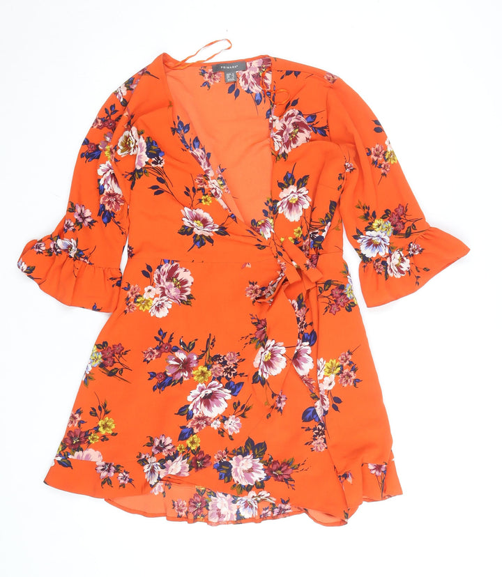 Primark Women Orange Floral Wrap Dress Size 12 V-Neck Ruffle Hem